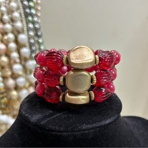 Vintage Wire Wrap Three Strand Bracelet Pink Rose Matte Gold Beaded